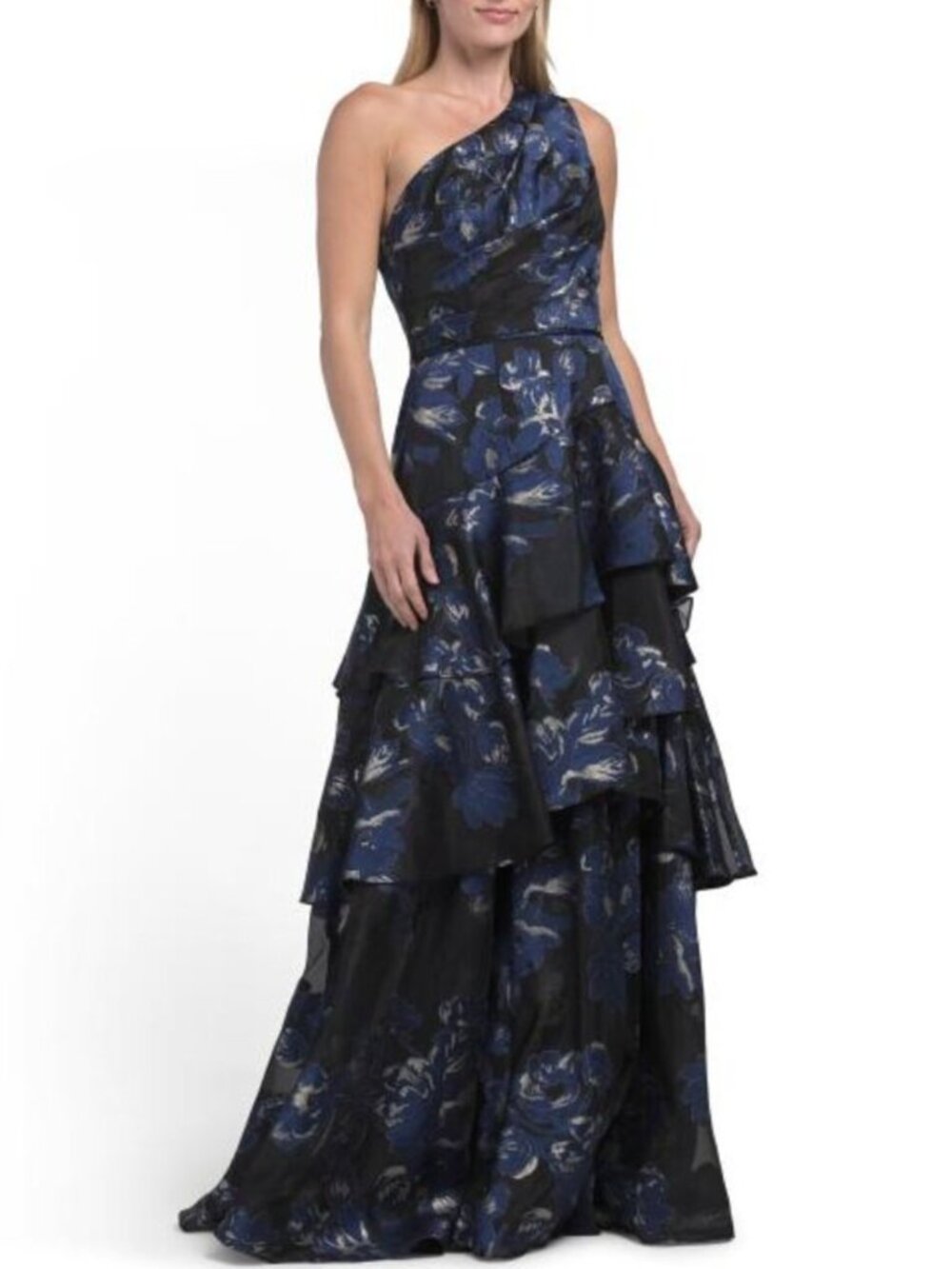 AIDAN MATTOX One Shoulder Floral Jacquard Gown